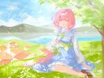  1girl annnnq blue_dress bow bowtie breasts commentary commission dress elf elysia_(honkai_impact) english_commentary grass green_bow green_bowtie highres honkai_(series) honkai_impact_3rd house lake long_dress long_hair long_sleeves looking_at_viewer mountainous_horizon on_grass open_mouth pink_hair pink_pupils pointy_ears scenery smile solo teeth tree upper_teeth_only very_long_hair white_headdress 