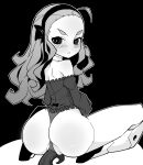  1girl absurdres ahoge akableak android ass bare_shoulders black_background black_hairband blush full_body greyscale hairband highres joints long_hair looking_at_viewer looking_back monochrome original panties robot_joints sitting solo thick_eyebrows thong underwear 