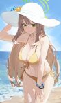  1girl absurdres bare_shoulders beach bikini blue_archive bracelet breasts cleavage day front-tie_bikini_top front-tie_top green_halo halo hat highres jewelry large_breasts light_brown_hair light_smile long_hair looking_at_viewer navel ni_de_pengyou nonomi_(blue_archive) nonomi_(swimsuit)_(blue_archive) ocean outdoors side-tie_bikini_bottom solo stomach string_bikini sun_hat swimsuit yellow_bikini 