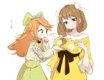  2girls bow braid braided_ponytail breast_envy breasts dress etie_(fire_emblem) fire_emblem fire_emblem_engage goldmary_(fire_emblem) grabbing grabbing_another&#039;s_breast green_bow green_eyes highres large_breasts low_ponytail multiple_girls nendo23 orange_hair ribbon white_ribbon yellow_dress yellow_eyes 