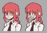  1girl black_necktie chainsaw_man ethossketches looking_at_viewer makima_(chainsaw_man) multiple_views necktie orange_eyes ponytail red_hair shirt smile solo teeth upper_body white_shirt 