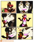  2019 absurd_res alst anthro canid canine canis comic comic_panel duo extreme_size_difference female food fruit hi_res hyena kiss_mark kiss_on_lips kissing kissing_cheek lipstick lipstick_on_face macro macro_anthro macro_female makeup male male/female mammal menzo mexican_wolf micro plant romantic romantic_couple size_difference thaismotosuwa wolf 