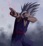  1boy ahoge arms_up commentary_request cowboy_shot dougi dragon_ball dragon_ball_super dragon_ball_super_super_hero electricity furrowed_brow gohan_beast grey_background grey_hair highres holding_own_arm huge_ahoge kihada_magulo looking_afar makankousappou male_focus muscular muscular_male outstretched_arm pectorals red_eyes sash serious simple_background sleeveless smoke solo spiked_hair standing v-shaped_eyebrows wristband 