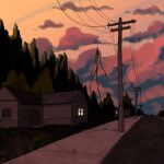  cloud commentary english_commentary giant highres horror_(theme) house jinjango monster original road sidewalk solo street sunset tree utility_pole 