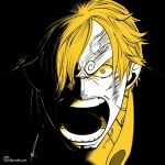  1boy aboude_art artist_name blonde_hair commentary curly_eyebrows facial_hair goatee hair_over_one_eye injury instagram_logo instagram_username limited_palette looking_at_viewer male_focus mustache_stubble one_eye_covered one_piece open_mouth sanji_(one_piece) short_hair shouting signature solo spot_color stubble teeth 