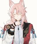  1boy absurdres animal_ear_fluff animal_ear_piercing animal_ears chinese_clothes closed_eyes commentary facing_viewer fox_ears highres honkai:_star_rail honkai_(series) jacket jiaoqiu_(honkai:_star_rail) long_hair male_focus messy_hair miri_(akayones) pink_hair red_jacket shirt simple_background smile solo symbol-only_commentary upper_body white_background white_shirt 