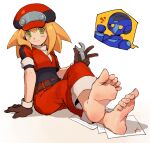  1boy 1girl alternate_universe artist_request barefoot black_bodysuit blonde_hair blueprint_(object) blush bodysuit bodysuit_under_clothes breasts brown_gloves excited feet gloves green_eyes hat highres holding holding_wrench medium_breasts mega_man_(series) mega_man_legends_(series) mega_man_volnutt non-humanoid_robot non-web_source pants papers red_hat red_pants red_shirt robot roll_caskett_(mega_man) shirt soles toes touhou3939 wrench 
