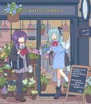  2girls ^_^ apron asahina_mafuyu bag black_footwear black_jacket black_pantyhose black_skirt blue_hair boots bouquet bow bowtie brown_footwear character_name closed_eyes closed_mouth collared_shirt commentary flower flower_basket flower_shop grey_shirt grey_skirt heichicc47 highres hinomori_shizuku holding holding_bouquet jacket long_hair long_sleeves multiple_girls neckerchief open_mouth pantyhose plant ponytail potted_plant project_sekai purple_eyes purple_hair red_neckerchief school_bag school_uniform shirt shoes shop shoulder_bag side_ponytail sidelocks skirt smile socks symbol-only_commentary walking white_shirt white_socks 
