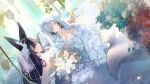  2girls animal_ear_fluff animal_ears azur_lane black_hair bouquet breasts champagne_flute cleavage cup dress drinking_glass elbow_gloves facial_mark flower fox_ears fox_girl fox_tail gloves gradient_hair grey_hair hai_tien_(autumn_night_of_wandering_spirits)_(azur_lane) hai_tien_(azur_lane) hair_flower hair_ornament highres holding holding_cup large_breasts looking_at_viewer multicolored_hair multiple_girls musashi_(azur_lane) musashi_(purest_wisteria)_(azur_lane) official_alternate_costume official_art orange_eyes parted_lips pink_flower purple_hair smile tail wedding_dress white_dress white_flower white_gloves yellow_eyes 