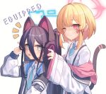  2girls absurdly_long_hair animal_ear_headphones animal_ears aris_(blue_archive) black_hair blonde_hair blue_archive blue_eyes blue_halo blue_necktie bow breasts cat_tail closed_mouth collared_shirt fake_animal_ears hair_bow halo headphones highres jacket long_hair long_sleeves momoi_(blue_archive) multiple_girls necktie one_eye_closed open_clothes open_jacket open_mouth pink_halo red_bow red_eyes ricke_2002 shirt short_hair simple_background small_breasts smile tail very_long_hair white_background white_jacket white_shirt 