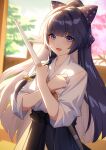  1girl :d absurdres blurry blurry_background bow cherry_blossoms chinese_commentary commentary_request hair_bow highres holding honkai_(series) honkai_impact_3rd japanese_clothes kendo long_hair looking_at_viewer open_mouth purple_eyes purple_hair raiden_mei sleeves_past_elbows smile solo sword tree uwagi weapon wooden_sword wu_ganlan_cai 