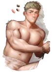  1boy artist_name bara blonde_hair bound bound_wrists boxer_briefs bulge dated dungeon_meshi greenteaa highres laios_touden looking_at_viewer male_focus male_underwear navel_hair nipples parted_lips short_hair solo sweat topless_male underwear upper_body very_short_hair 