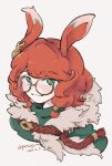  1girl :3 animal_ears artist_name aurora_(league_of_legends) braid closed_mouth cropped_shoulders dated glasses green_scarf highres league_of_legends orange_hair petagumiii rabbit_ears rabbit_girl round_eyewear scarf smile solo 