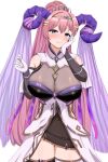  1girl bare_shoulders blush breasts cleavage cowboy_shot curled_horns detached_sleeves dress elbow_gloves fire_emblem fire_emblem_heroes gloves goat_horns gold_circlet hand_on_own_cheek hand_on_own_face horns large_breasts large_horns long_hair looking_at_viewer mature_female nerthuz_(fire_emblem) patty_ojisan pink_hair ponytail purple_eyes purple_horns purple_veil short_dress smile solo thighhighs thighs tiara white_background 