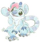  2021 4_arms alien antennae_(anatomy) blue_body blue_fur blue_inner_ear_fluff blue_nose chest_tuft colored_sketch digital_drawing_(artwork) digital_media_(artwork) disney experiment_(lilo_and_stitch) fan_character fur hair hand_on_face hi_res lilo_and_stitch looking_up male max_(maxpany) multi_arm multi_limb open_mouth open_smile pink_hair red_eyes simple_background sitting smile solo sparkling_eyes striped_tail stripes tbid tuft white_background 