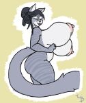  2022 anthro areola big_breasts big_butt black_hair black_nose bouncing_breasts breasts butt colored countershade_face countershade_torso countershading digital_media_(artwork) domestic_cat eyes_closed felid feline felis female flat_colors fluffy fluffy_tail fur grey_body grey_fur hair hair_bun huge_breasts lips long_hair lurker_bot mammal marie_(dangderg) multicolored_body multicolored_fur nipples nude pink_areola pink_nipples puffy_areola puffy_nipples side_view signature simple_background smile solo striped_body striped_fur stripes tail thick_bottom_lip thick_thighs two_tone_body two_tone_fur white_body white_fur 