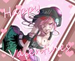  1girl absurdres alternate_costume black_hat breasts chocolate commentary_request cover cover_page dutch_angle earth_(ornament) happy_valentine hat hecatia_lapislazuli highres kamekichi27 medium_hair moon_(ornament) red_eyes red_hair simple_background smile solo tongue tongue_out touhou underworld_(ornament) valentine white_background 