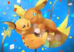  alolan_form alolan_raichu blue_background blue_eyes commentary_request confetti gen_1_pokemon gen_7_pokemon highres holding_hand kikuyoshi_(tracco) looking_at_viewer no_humans one_eye_closed open_mouth pokemon pokemon_(creature) raichu smile toes tongue 