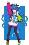  1girl @_@ absurdres ahoge animal_ears aqua_hair arm_up black_leggings black_nails blue_background blue_eyes blue_hair boots border bow clenched_hand commentary crossed_bangs drawstring full_body hair_between_eyes hair_bow hand_on_own_hip heterochromia highres hood hoodie horse_ears horse_girl horse_tail leggings legs_apart long_hair long_sleeves mrqpqy multicolored_clothes multicolored_hair multicolored_hoodie nail_polish open_mouth outside_border purple_eyes raised_fist sharp_teeth sidelocks solo standing striped_bow stuffed_animal stuffed_rabbit stuffed_toy tail teeth twin_turbo_(umamusume) twintails two-tone_hair umamusume upper_teeth_only very_long_hair white_border yellow_footwear 