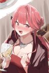  1girl :d absurdres aru_(blue_archive) aru_(dress)_(blue_archive) blue_archive blunt_bangs blush breasts byou_(vfyk8337) cleavage coat coat_on_shoulders cup drinking_glass highres horns jewelry long_hair looking_at_viewer necklace open_mouth pink_eyes pink_hair smile solo wine_glass 