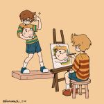  2boys back blonde_hair blue_eyes brown_hair child claus_(mother_3) commentary_request doseisan easel full_body haru-cho highres lucas_(mother_3) male_focus mother_(game) mother_3 multiple_boys painting_(action) shirt short_hair shorts siblings sitting smile striped_clothes striped_shirt 