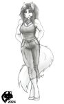  2024 anthro arctic_wolf athletic athletic_anthro athletic_female belt big_breasts bottomwear breasts canid canine canis cleavage clothed clothed_anthro clothed_female clothing female footwear fur ghostwolf hair high_heels mammal pants sara_kincaide shirt signature sketch smile solo standing tank_top topwear wolf 