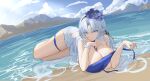  1girl alsace_(azur_lane) alsace_(heat_beating_summer_sacrament)_(azur_lane) azur_lane beach between_breasts bikini blue_necktie breasts cloud commentary_request flower hair_flower hair_ornament highres huge_breasts jojo_xiuxian long_hair lying necktie necktie_between_breasts official_alternate_costume parted_hair partial_commentary swimsuit thigh_strap white_background white_bikini 