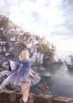  1girl absurdres atelier_(series) atelier_rorona atelier_totori back_bow blue_sleeves bow dress grey_hair hashtag-only_commentary highres kishida_mel long_hair looking_afar official_art outdoors profile revision ship solo staff totooria_helmold water watercraft wind 