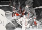  1boy 1girl bare_shoulders blood blood_on_hands blood_on_shoes bracer closed_mouth commentary facepaint fate/grand_order fate_(series) feathers hair_between_eyes headdress highres holding holding_weapon holding_whip izcalli_(fate) kalak_39 looking_at_viewer monochrome pelvic_curtain pixiv_id revealing_clothes short_hair sitting spot_color standing symbol-only_commentary tenochtitlan_(fate) tenochtitlan_(first_ascension)_(fate) twitter_username weapon whip 