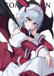  1girl absurdres bare_shoulders bat_girl blue_hair bow commission demon_wings dress fingernails hat highres himadera looking_at_viewer medium_hair pink_dress pointy_ears red_dress red_eyes remilia_scarlet sharp_fingernails skeb_commission slit_pupils smile solo touhou twitter_username upper_body vampire waist_bow wings 