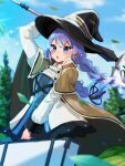  1girl black_hat black_shirt blue_eyes blue_hair blurry blurry_background blush braid breasts brown_cloak cloak falling_leaves feet_out_of_frame forest grey_shirt hair_between_eyes hand_on_headwear hat highres holding holding_suitcase jacket large_hat leaf long_hair mountainous_horizon mushoku_tensei nature open_mouth otyasukikamo roxy_migurdia shirt small_breasts solo sparkle suitcase teeth twin_braids upper_teeth_only very_long_hair white_jacket wind witch_hat 