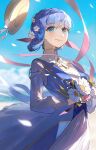  1girl blue_dress blue_eyes blue_hair blue_sky blunt_tresses blurry bow braid braided_hair_rings brown_hat butterfly_hair_ornament closed_mouth cowboy_shot depth_of_field dress flower genshin_impact gold_trim hair_flower hair_ornament hat hat_bow hat_loss highres holding holding_flower kamisato_ayaka kamisato_ayaka_(springbloom_missive) light_blush long_sleeves looking_at_viewer mole mole_under_eye outdoors petals pink_ribbon poscorn617 puffy_long_sleeves puffy_sleeves ribbon shirt sky smile solo standing tassel unworn_hat unworn_headwear white_bow white_flower white_petals white_shirt wind 