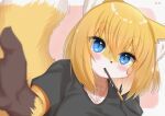  1girl animal_ear_fluff animal_ears animal_nose black_shirt blonde_hair blue_eyes blurry blurry_foreground blush body_fur close-up commentary_request dated food food_in_mouth foreshortening fox_ears fox_girl furry furry_female hair_between_eyes highres horokusa_(korai) looking_at_viewer medium_hair original perspective pink_background pocky pocky_in_mouth reaching reaching_towards_viewer shirt short_sleeves solo t-shirt tail thick_eyebrows two-tone_background upper_body white_background white_fur yellow_fur yellow_tail 