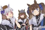  3girls \m/ animal_ears beanie black_jacket blue_eyes bow brown_hair brown_hat candy closed_mouth collared_jacket crossed_arms ears_through_headwear food gloves gold_ship_(umamusume) grey_bow grey_hair grey_hat grin hat heichicc47 highres horse_ears index_finger_raised jacket jitome lollipop long_hair looking_at_viewer multiple_girls nakayama_festa_(umamusume) pink_eyes pout raised_eyebrow simple_background smile splendor_of_onyx_(umamusume) tosen_jordan_(umamusume) twintails umamusume upper_body white_background white_gloves 