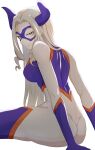  1girl ass blonde_hair bodysuit boku_no_hero_academia breasts closed_mouth domino_mask eye_mask half-closed_eyes highres horns large_breasts limit_(lim_no_sabuaka) long_hair mask masked mount_lady multicolored_bodysuit multicolored_clothes parted_bangs purple_eyes purple_horns purple_mask sitting skin_tight solo superhero_costume thighhighs thighs white_background 