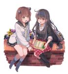  2girls artist_name black_hair black_legwear blue_ribbon blue_skirt brick_wall brown_eyes brown_hair collarbone collared_shirt commentary_request dress flower food grey_neckwear hair_flower hair_ornament hatsushimo_(kantai_collection) holding kantai_collection kneehighs long_hair long_sleeves low-tied_long_hair lunchbox multiple_girls neckerchief open_mouth pink_flower pleated_skirt polka_dot purple_flower remodel_(kantai_collection) ribbon rudder_footwear sailor_dress sandwich shirt short_hair signature single_kneehigh single_thighhigh sitting skirt smile thighhighs totto_(naka) upper_teeth white_dress white_flower white_legwear white_shirt yellow_flower yukikaze_(kantai_collection) 