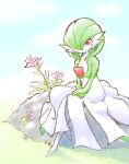  1girl blue_sky blush bob_cut cloud colored_skin commentary_request crossed_legs day flat_chest flower full_body gardevoir grass green_hair green_skin hair_over_one_eye highres looking_at_viewer multicolored_skin no_mouth nyanta_(phantmail8) on_rock one_eye_covered outdoors own_hands_together pink_flower pokemon pokemon_(creature) red_eyes short_hair sitting sky solo two-tone_skin v_arms white_skin 