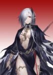  1girl absurdres arknights black_dress breasts center_opening cleavage dress gladiia_(arknights) gladiia_(i_am_the_tides)_(arknights) gradient_background grey_hair hair_over_one_eye highres holding holding_weapon long_hair looking_at_viewer medium_breasts official_alternate_costume pale_skin pointy_ears red_eyes shirt solo very_long_hair weapon yiyanbanshengchou 