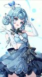  1girl blue_dress blue_eyes blue_gemstone blue_hair blush breasts commentary_request cowboy_shot crown double_bun dress elbow_gloves flower-shaped_hair gem gloves hair_bun heart highres lite_luyu looking_at_viewer mini_crown open_mouth original small_breasts solo teeth upper_teeth_only v weibo_logo weibo_watermark white_gloves 