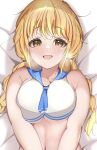 1girl alternate_breast_size bed_sheet bikini blonde_hair blue_neckerchief blue_sailor_collar blush braid breast_press breasts commentary_request eyelashes fang fujita_kotone gakuen_idolmaster highres hii_(mzgu8388) idolmaster large_breasts long_hair looking_at_viewer low_twin_braids lying messy_hair navel neckerchief on_bed open_mouth sailor_collar sailor_swimsuit_(idolmaster) sidelocks skin_fang smile solo stomach sweat swimsuit twin_braids upper_body white_bikini yellow_eyes 