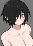  1girl absurdres arms_at_sides bare_shoulders black_hair blue_eyes blush breasts character_request closed_mouth collarbone expressionless grey_background hair_over_one_eye highres kanke_(kank06020602) large_breasts looking_at_viewer medium_hair nude original pale_skin purple_eyes shiny_skin solo sparkling_eyes straight_hair two-tone_eyes 