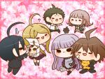  3boys 3girls ? ahoge akamatsu_kaede animal backpack bag bandaid bandaid_on_cheek bandaid_on_face bare_arms black_cat black_eyes black_footwear black_gloves black_hair black_jacket black_pants black_socks black_thighhighs blazer blonde_hair blue_jacket blunt_bangs blunt_ends blush boots border bow bowtie breasts brown_footwear brown_hair brown_skirt buttons calico cat chibi closed_mouth collared_jacket collared_shirt commentary_request crossed_bandaids danganronpa:_trigger_happy_havoc danganronpa_(series) danganronpa_2:_goodbye_despair danganronpa_v3:_killing_harmony eyelashes flying_sweatdrops from_behind galaga gloves green_jacket green_necktie hair_between_eyes hair_ornament hairclip high-waist_skirt high_collar hinata_hajime holding holding_animal holding_cat holding_paper hood hood_down hooded_jacket jacket kirigiri_kyoko knee_boots kneehighs lapels large_breasts layered_sleeves light_blush long_hair long_sleeves looking_at_another looking_back miniskirt motion_lines multiple_boys multiple_girls musical_note musical_note_hair_ornament musical_note_print naegi_makoto nanami_chiaki necktie notched_lapels open_clothes open_jacket open_mouth orange_necktie outside_border outstretched_arms pale_skin panicking pants paper pink_background pink_bag pink_border pink_bow pink_bowtie pink_hair pink_shirt pinstripe_jacket pinstripe_pants pinstripe_pattern pleated_skirt pocket purple_footwear purple_jacket purple_skirt purple_vest reaching red_footwear saihara_shuichi shirt shoes short_hair short_sleeves simple_background skirt smile socks solid_oval_eyes speed_lines spiked_hair starry_background straight_hair sweatdrop sweater_jacket thighhighs triangle_mouth v-shaped_eyebrows very_long_hair vest walking white_bag white_footwear white_shirt white_socks yumaru_(marumarumaru) zipper 