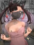  1girl absurdres alley bare_shoulders black_choker black_hair black_nails breasts choker clothes_pull collarbone dress dress_pull graffiti green_eyes hair_ribbon hands_up highres looking_at_viewer marnie_(pokemon) mask morpeko morpeko_(full) mouth_mask pasties peba pink_dress pokemon pokemon_(creature) pokemon_swsh public_indecency pulling_own_clothes ribbon small_breasts solo_focus spaghetti_strap strap_slip twintails 