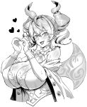  1girl absurdres bare_shoulders benigawara breasts cleavage demon_horns demon_wings dress duel_monster gloves greyscale heart heart_hands highres horns large_breasts lovely_labrynth_of_the_silver_castle monochrome open_mouth solo sweat twintails upper_body wings wrist_cuffs yu-gi-oh! 