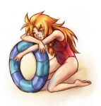  1girl bandaid bandaid_on_face bandaid_on_nose bare_legs bare_shoulders barefoot bored breasts feet fingernails freckles holding holding_swim_ring les_chevaucheurs maxa&#039; messy_hair on_floor one-piece_swimsuit orange_hair phenice_walholl red_one-piece_swimsuit refraction shiny_skin simple_background sitting small_breasts solo swim_ring swimsuit wariza white_background yellow_eyes 