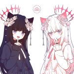  2girls :&lt; :d ahoge animal_ears black_dress black_hair black_vs_white cat_ears cat_girl commentary constellation constellation_print cowlick dress el_elys expressionless fangs flower gemini_(constellation) hair_flower hair_ornament halo index_finger_raised jewelry leo_(constellation) leo_minor_(constellation) long_sleeves looking_at_viewer multiple_girls multiple_rings neck_ribbon open_mouth original pink_halo pink_ribbon purple_eyes purple_nails ribbon ring simple_background skin_fangs smile star_(symbol) symbol-only_commentary symbol-shaped_pupils upper_body v white_background white_dress white_hair white_ribbon x-shaped_pupils 