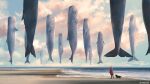  1other animal arizuka_(13033303) cloud cloudy_sky day dog facing_away fish floating from_behind horizon light_rays ocean original outdoors pixiv_id scenery short_hair sky standing whale wide_shot 