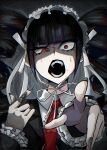  1girl angry black_hair black_nails blunt_bangs collared_shirt danganronpa:_trigger_happy_havoc danganronpa_(series) fangs gradient_background grey_background grey_shirt hands_up headdress highres jacket long_hair nail_polish necktie open_clothes open_jacket open_mouth pointing pointing_at_viewer raririrurere/_tabo red_necktie shirt solo teeth 
