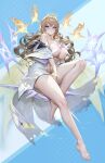  1girl areola_slip bare_shoulders barefoot blonde_hair blue_eyes blush bottomless breasts crown_(naked_king)_(nikke) crown_(nikke) disembodied_hand drill_hair goddess_of_victory:_nikke grin highres large_breasts legs long_hair naked_robe off_shoulder robe sitting smile torn_clothes white_robe yuen 