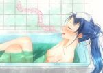  1girl bathing bathtub beamed_eighth_notes blue_hair blush breasts closed_eyes collarbone commentary_request completely_nude from_side kantai_collection knees_up leaning_back long_hair mae_(maesanpicture) music musical_note nipples nose_blush nude open_mouth ponytail profile samidare_(kantai_collection) singing sitting small_breasts solo tile_wall tiles towel towel_on_head water 